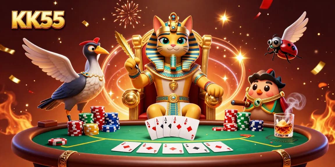 Experience the excitement of KK55 with a vibrant 3D casino scene featuring a pharaoh cat and poker elements.