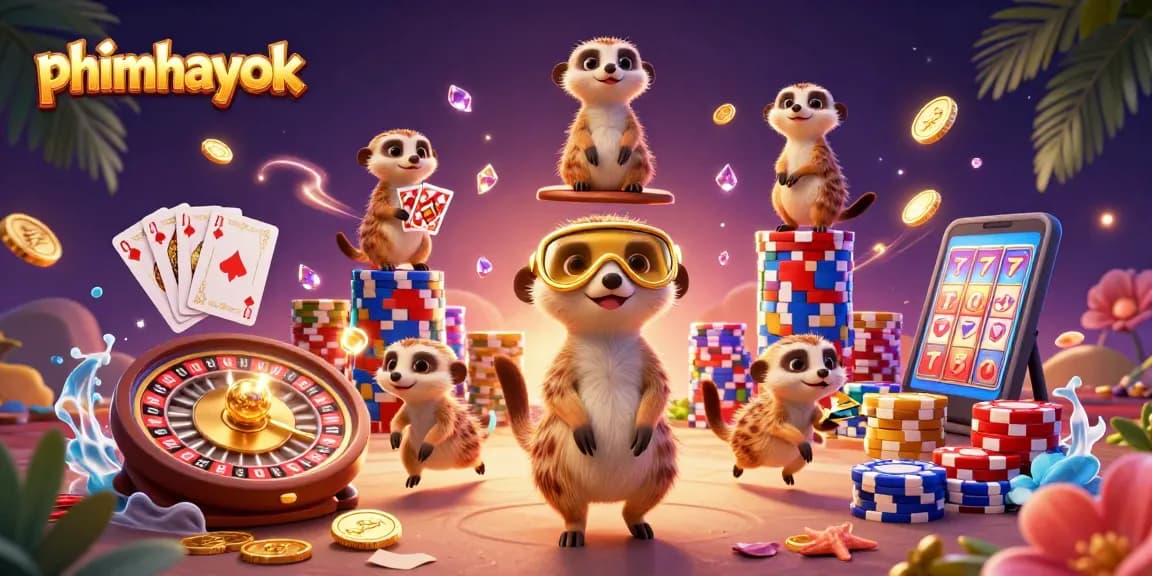 Experience the excitement of phimhayok with meerkats managing a vibrant casino filled with gems and coins.