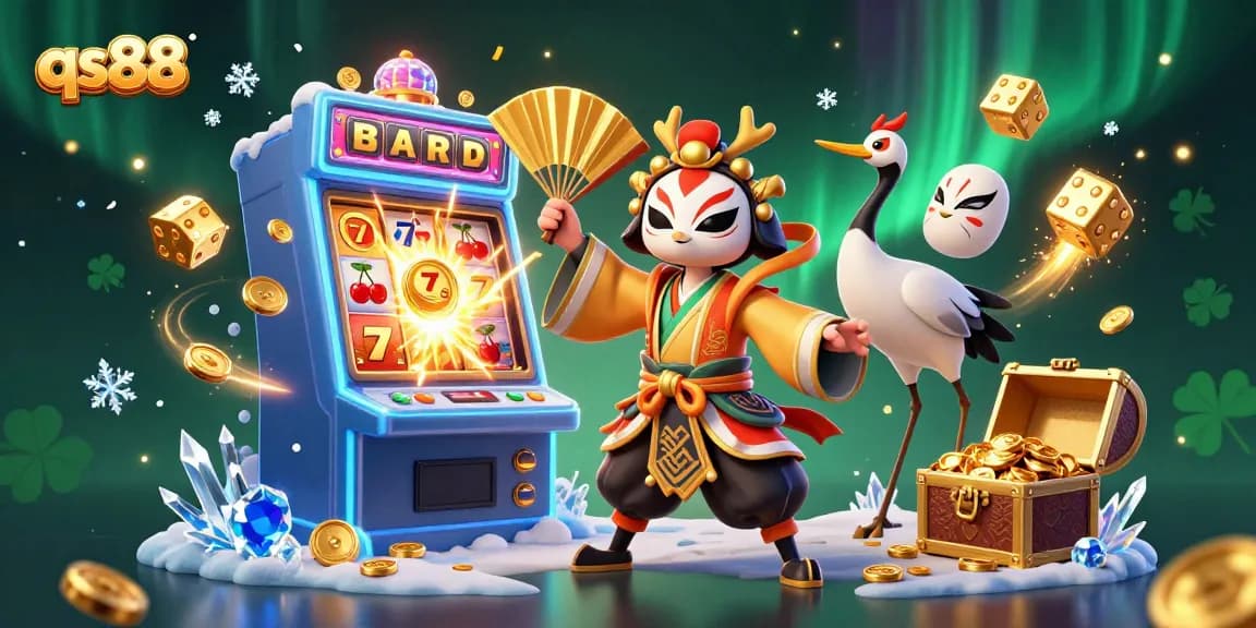 qs88 offers a thrilling jackpot scene with slot machines, joyful celebrations, and immersive casino game elements.