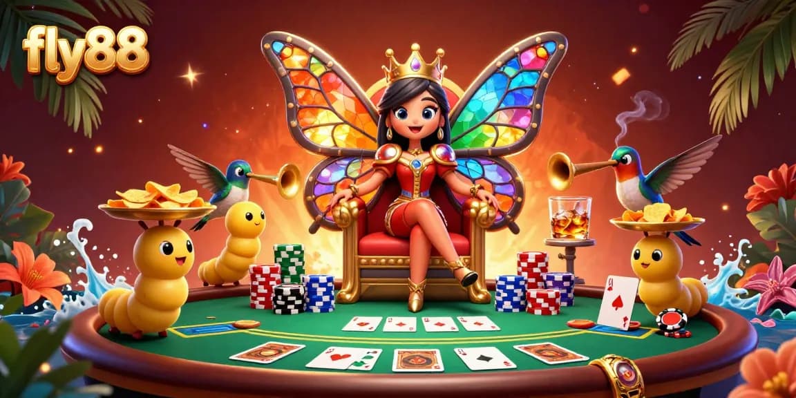 Experience the vibrant atmosphere of fly88 gaming with a butterfly queen amidst poker tables and colorful chips.