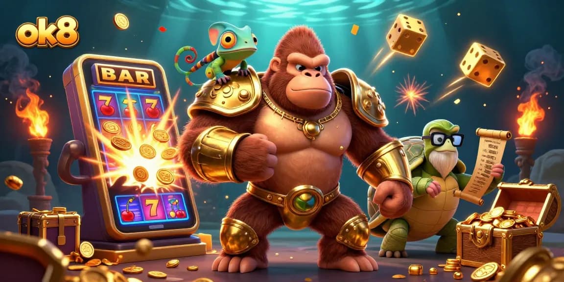 Engage in thrilling gameplay at ok8 with a 3D visual of a gorilla king and friends amid casino action.