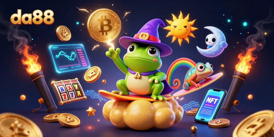 Spin to win at da88 with a vibrant 3D illustration featuring casino elements and magical characters.