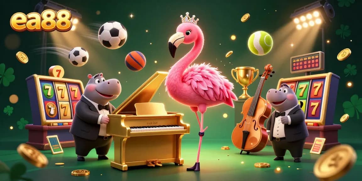 Experience the vibrant energy of ea88 with a lavish casino scene featuring a flamingo singer and hippo bassist.