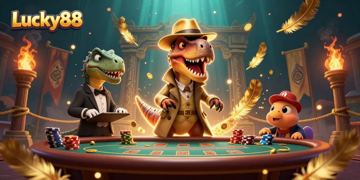Experience the excitement of Lucky88 casino with a scampering velociraptor amidst lavish gaming elements.
