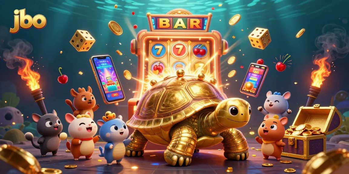 Engage with thrilling jbo casino action featuring a golden tortoise as a pinball machine, vibrant jackpot scene.