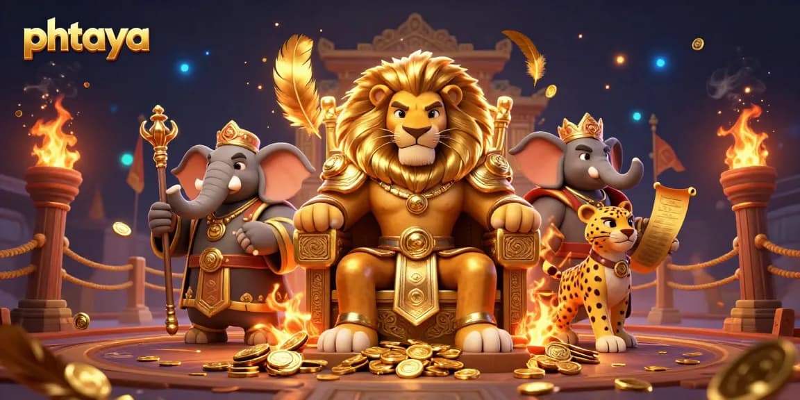 Phtaya introduces thrilling gaming with a lion king, elephant advisor, and cheetah messenger in an energizing casino scene.