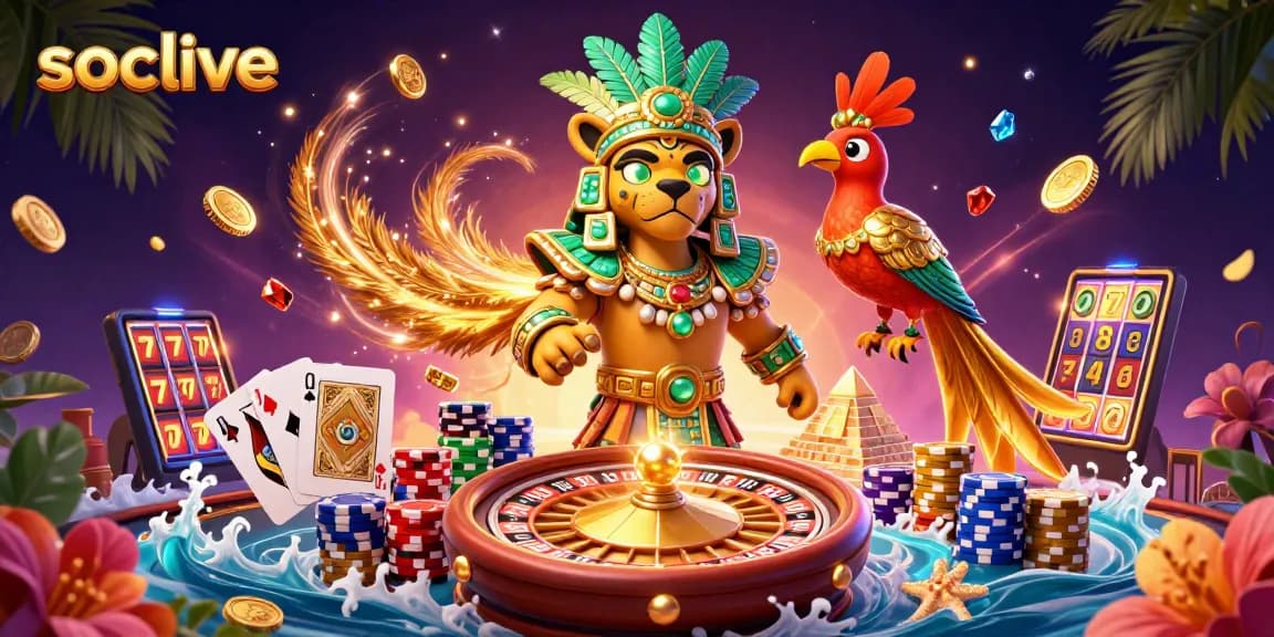 Socolive captivates with dynamic casino adventure, showcasing vibrant Mayan characters and thrilling gameplay elements.