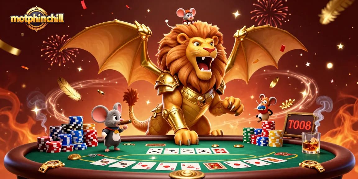 Engage with motphimchill's vibrant 3D casino scene featuring a triumphant chimera and dynamic poker elements.