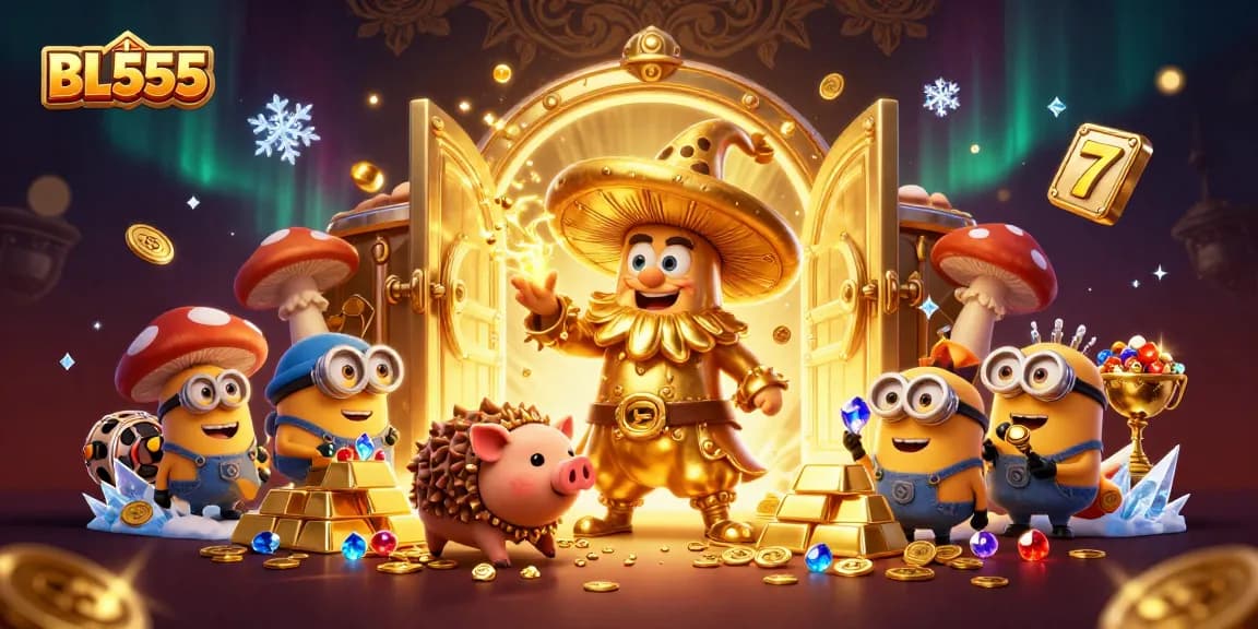 Experience the magical world of BL555 with a golden wizard surrounded by treasures and slot elements.