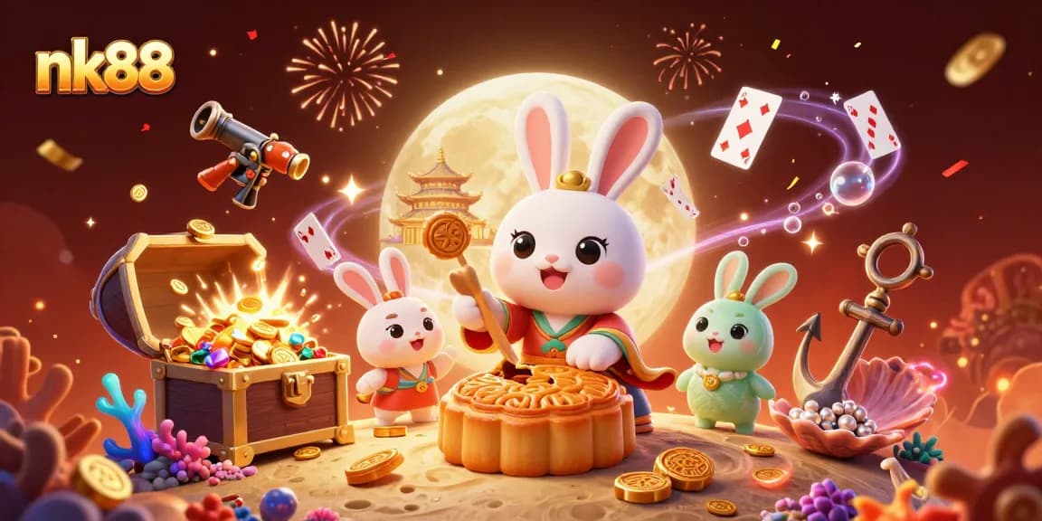 nk88 showcases a festive moon rabbit scene amid vibrant casino and gambling elements.