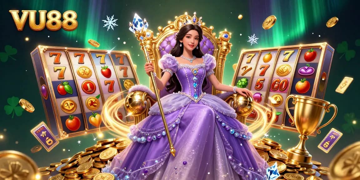 Experience the excitement of VU88 with dynamic slot elements and a royal theme in this engaging casino illustration.