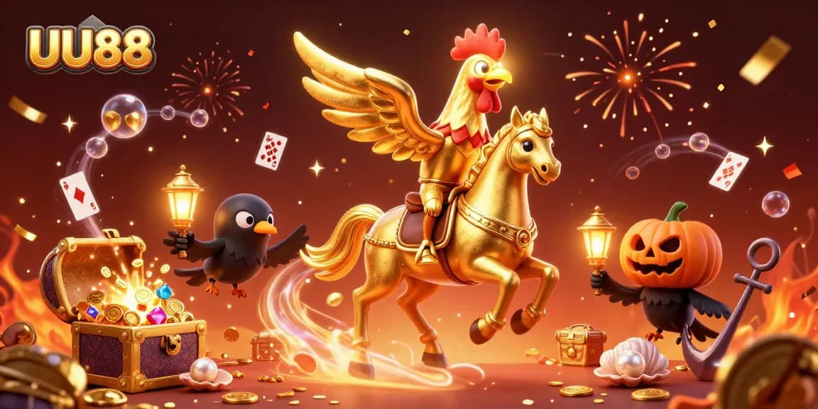 Join UU88 in this vibrant casino scene with a golden rooster and whimsical characters celebrating wins.