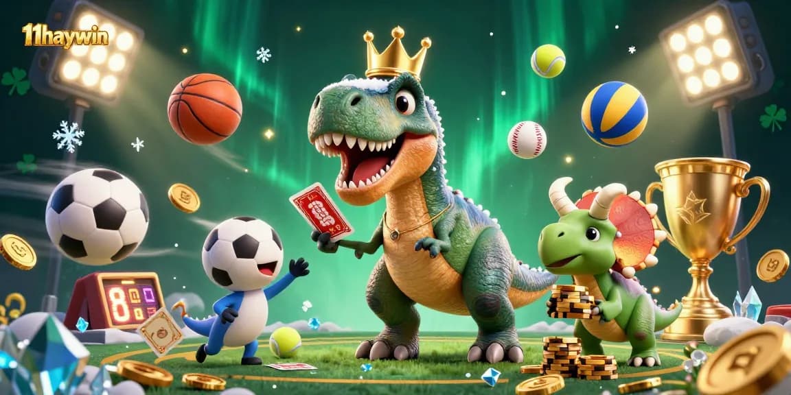 Join the fun at 11haywin, featuring a T-Rex shuffling cards alongside a Triceratops stacking chips!