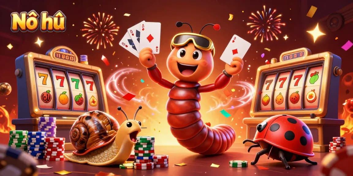 Nổ hũ showcases a lively casino scene with a cartoon millipede dealer, a high-roller snail, and exciting slot game elements.