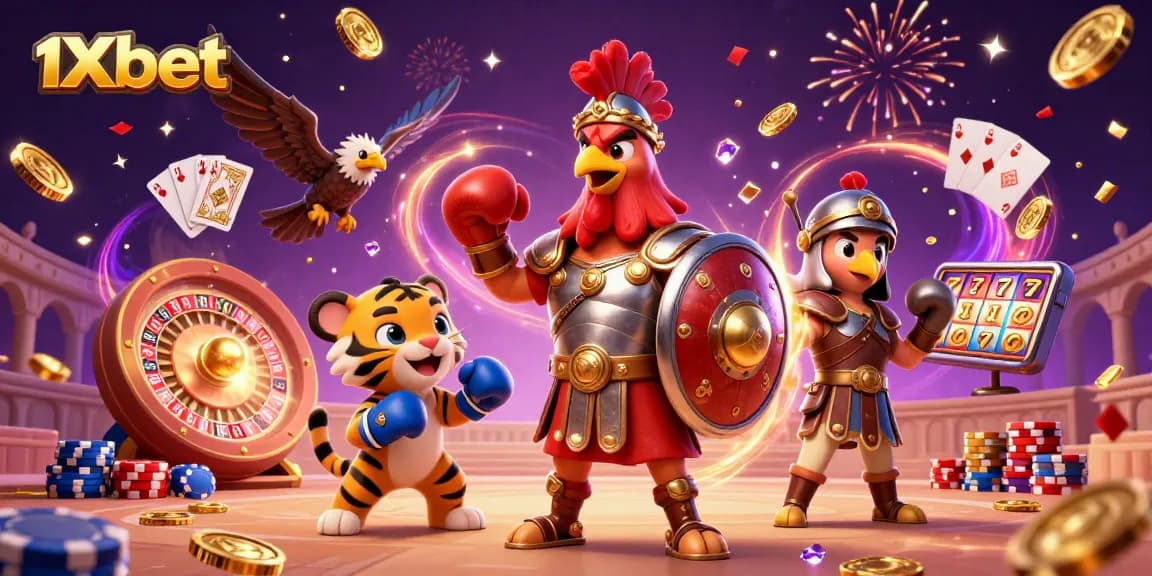 Engage in exhilarating games at 1xbet with dynamic visuals of casino action featuring a battling rooster and betting elements.