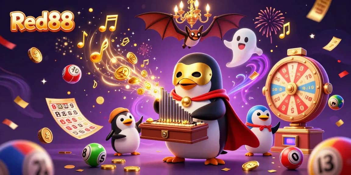 Red88 showcases a vibrant 3D casino scene with coins and lottery balls in flight, enhancing your winning strategy.