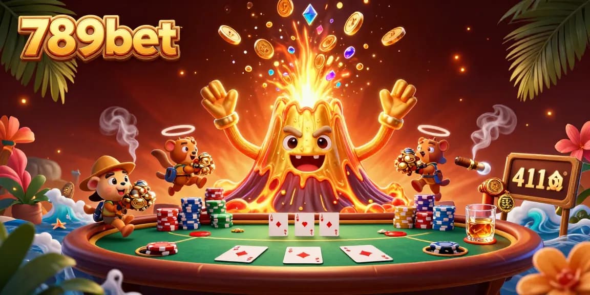 Experience thrilling gaming adventures with 789bet's vibrant volcano erupting coins and poker action!