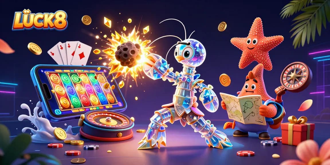 Experience exciting gameplay at LUCK8 with vibrant casino-themed galactic illustration and dynamic game visuals.