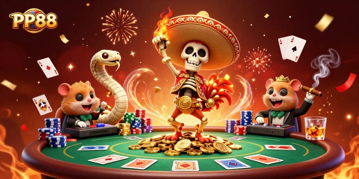 PP88 - Celebrate wins at the online casino with vibrant characters and gaming elements.