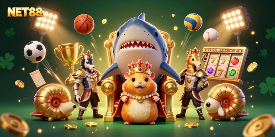 NET88 showcases animated sports elements and a fierce hamster king for engaging casino visuals.