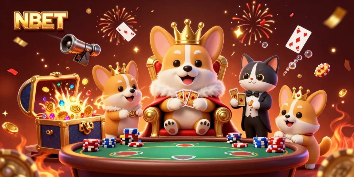 Play poker with NBET at a vibrant casino scene featuring a royal corgi and exciting game elements.