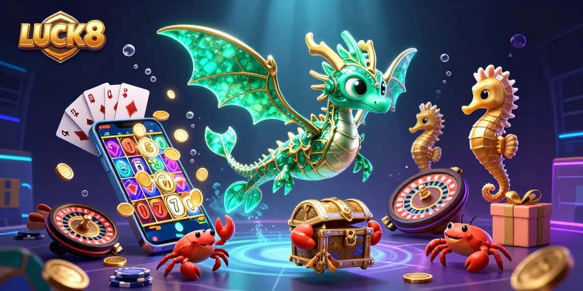 Experience LUCK8 with a vibrant underwater casino scene featuring a dragon and lively gaming elements.