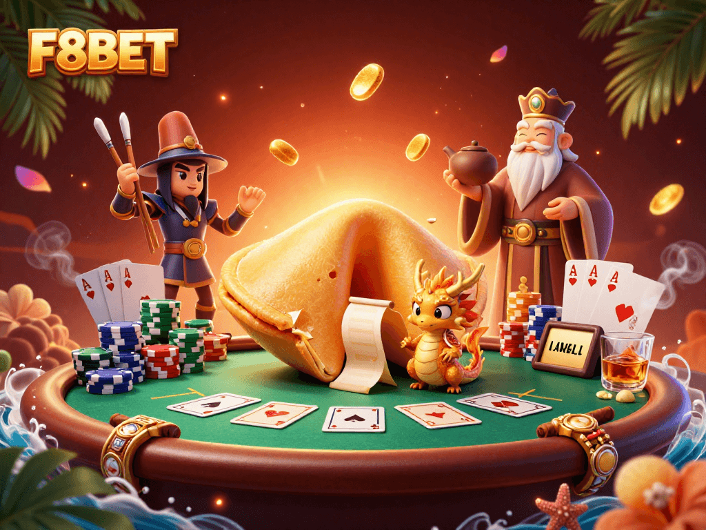 Engage with F8BET's thrilling gaming with colorful poker chips and animated characters.