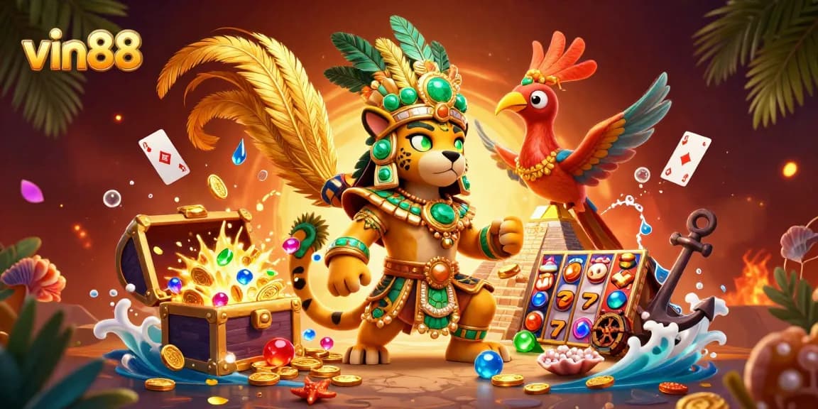 Engage with vin88's thrilling slot games featuring a vibrant Mayan scene adorned with gold coins and glowing gems.