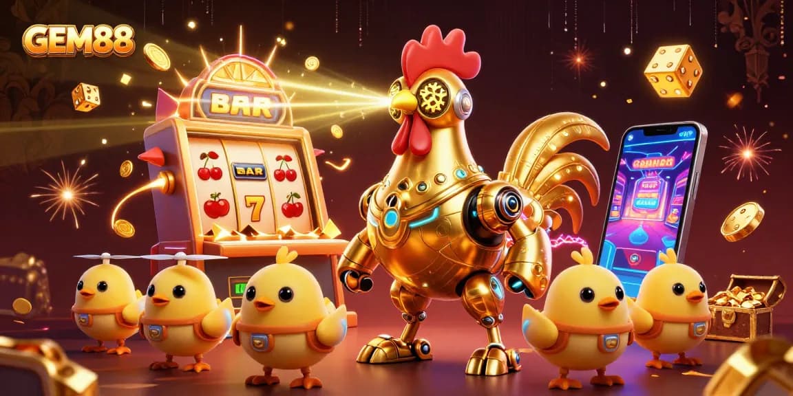 Experience the excitement of GEM88 with a vibrant 3D illustration featuring dynamic slot action and playful characters.