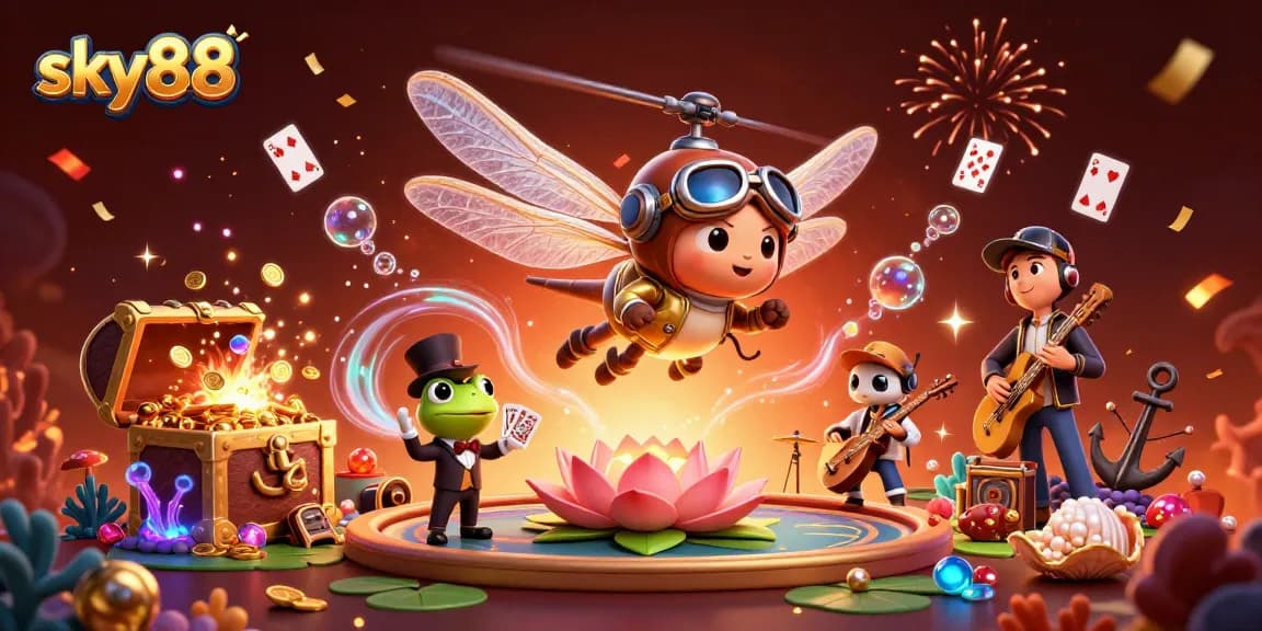 Sky88 dragonfly pilot shares a lively casino scene with a frog dealer and cricket band.