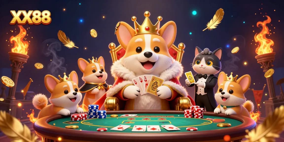 Bet on XX88 with a royal corgi on a poker chip throne amidst golden gaming elements.