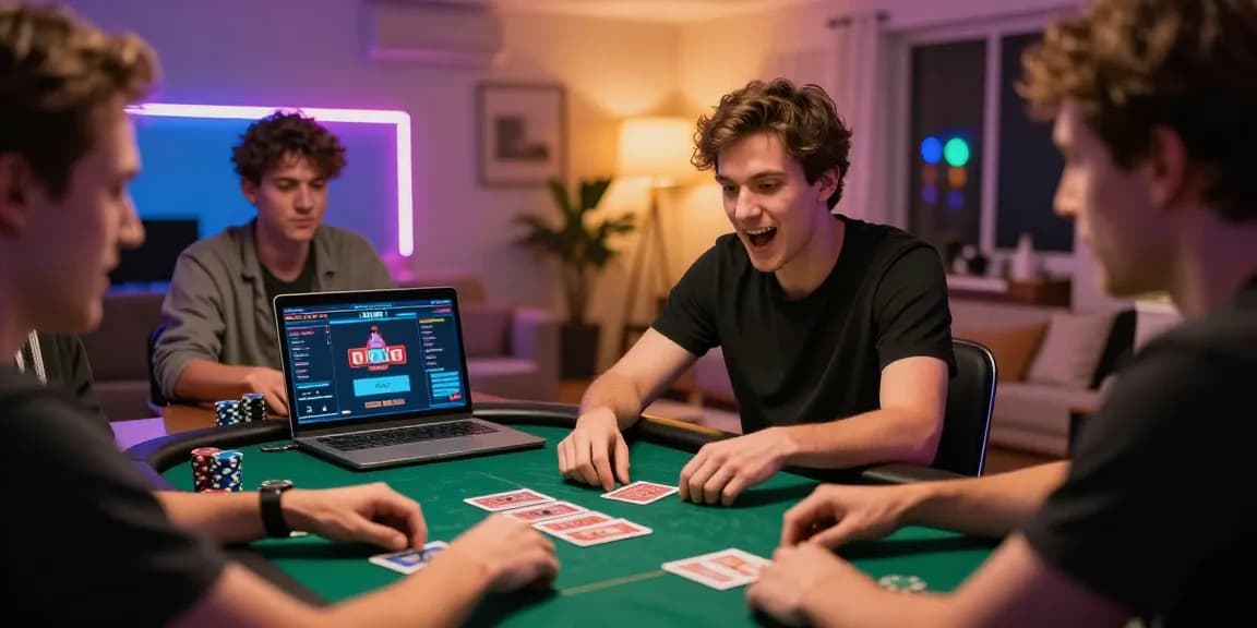 Exciting gaming moment playing dewapoker online with friends at home, vibrant atmosphere and poker setup.