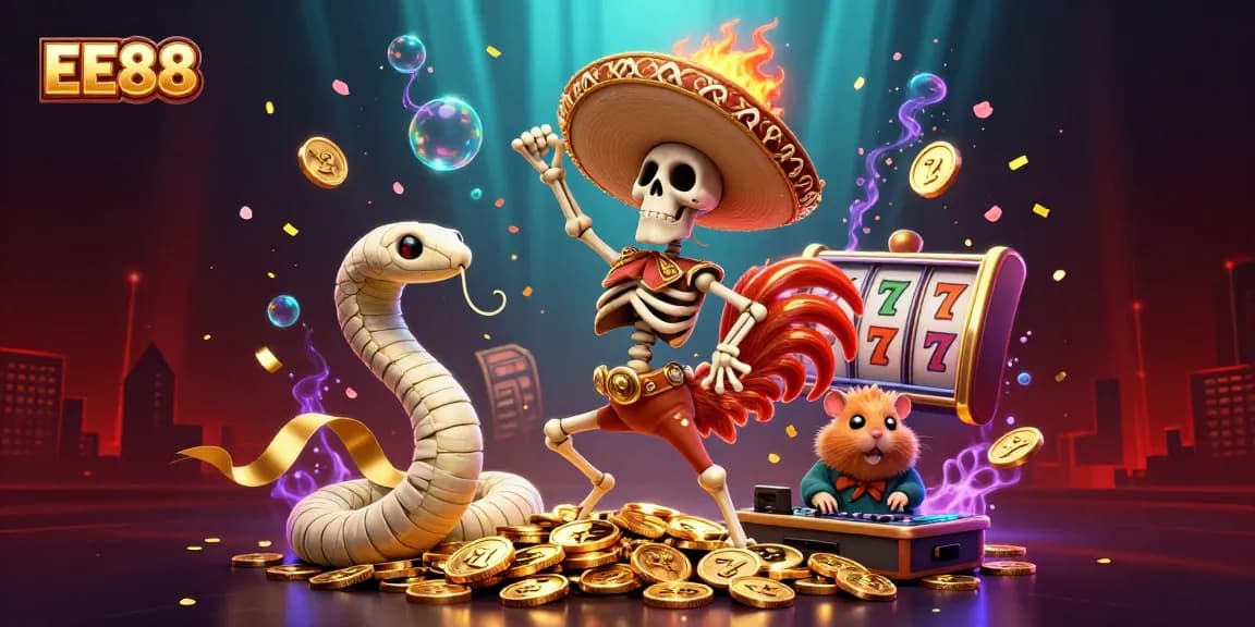 Win big at EE88 with vibrant 3D characters representing casino excitement and chances.