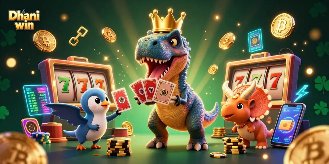Engage in thrilling slot games on Dhani win with a fun 3D dinosaur-themed casino illustration.