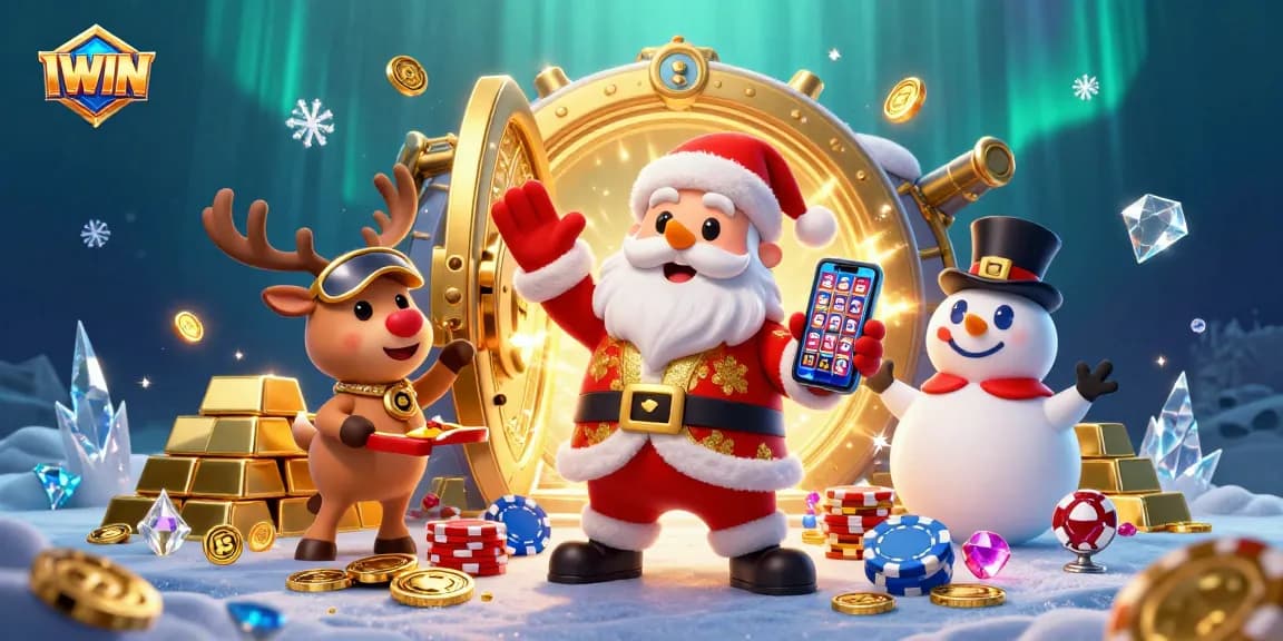 IWIN enhances gaming fun with a vibrant scene showcasing a Santa, reindeer, and snowman in a casino treasure hunt.