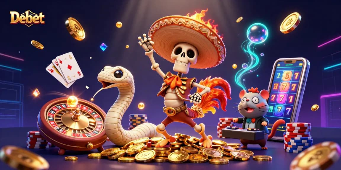 Debet offers dynamic casino action with vibrant characters celebrating on gold coins.