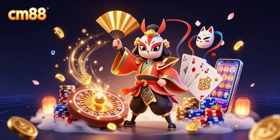 Engage with cm88 as kabuki warrior and kitsune mask illuminate a vibrant casino scene.
