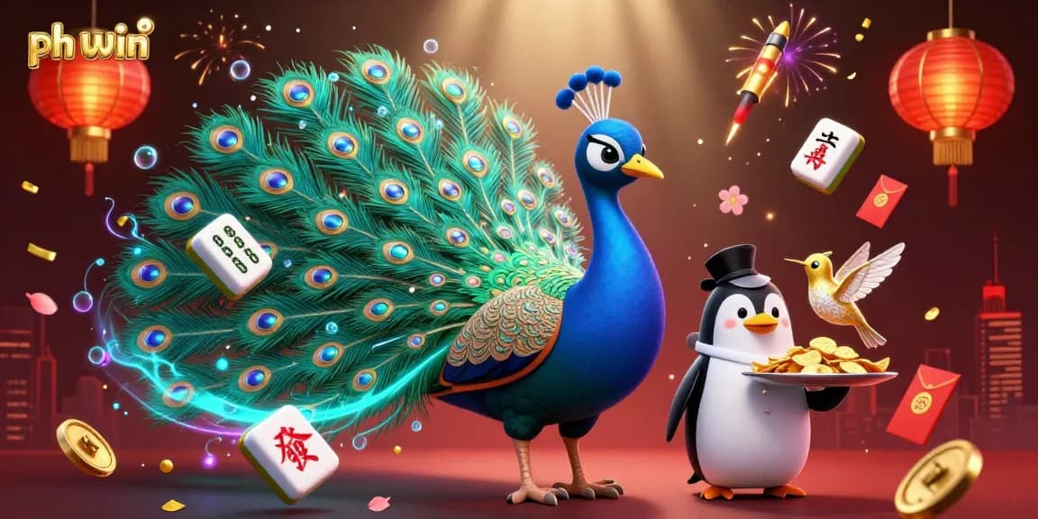 Experience the thrill of ph win with a colorful 3D casino scene depicting a peacock, penguin, and hummingbird amidst vibrant gambling elements.