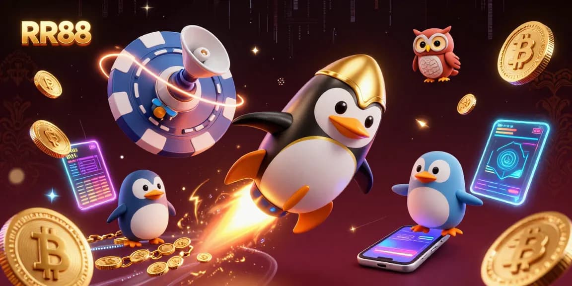 Engage in thrilling gameplay at RR88 with a golden penguin reaching a vibrant casino world!