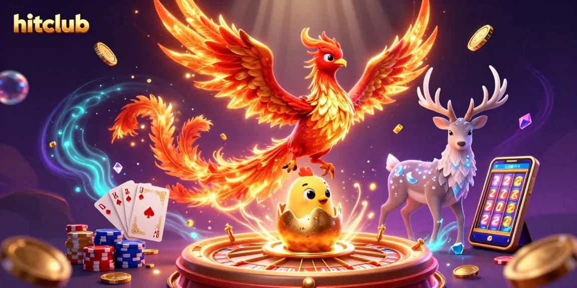 Experience hitclub's vibrant gameplay with a 3D illustration featuring a phoenix and casino elements