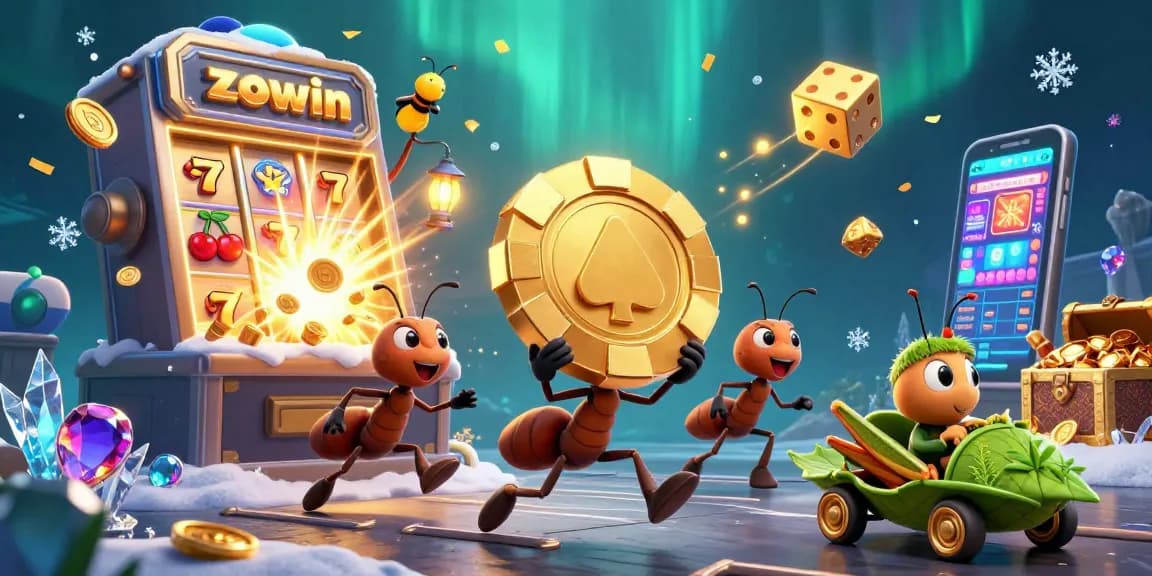 Experience thrilling gaming with Zowin's 3D cartoon heist scene showcasing a team of ants and a slot machine.