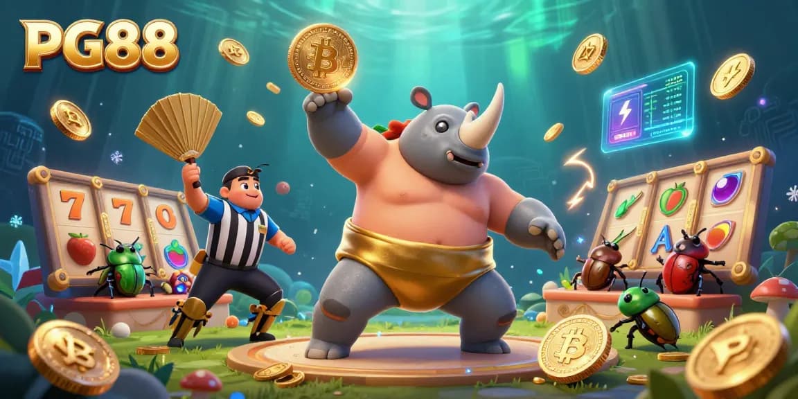 Engage with PG88’s vibrant sumo-themed casino illustration featuring a beetle champion surrounded by slot game elements.