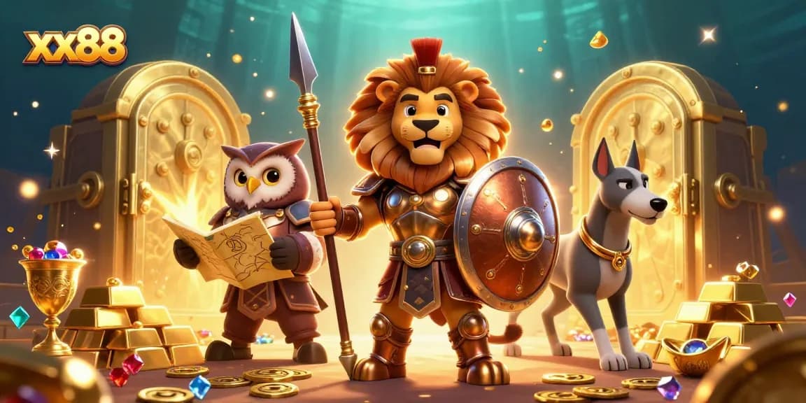 xx88 offers an immersive betting atmosphere showcasing a Spartan lion, owl strategist, and greyhound amidst treasures.
