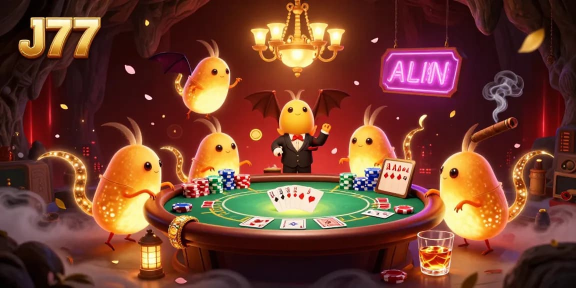 J77 casino illustration with glowworms illuminating a vibrant poker table, capturing the thrill of gameplay.