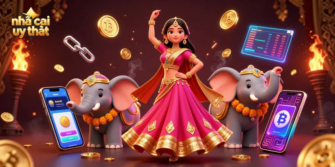 Experience the vibrant world of nhà cái uy tín with exciting neon crypto elements and a Bollywood vibe.