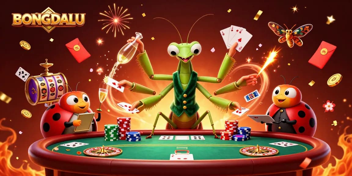 BONGDALU showcases a dynamic casino scene with a giant praying mantis and ladybug characters engaging in thrilling card games and festive celebrations.