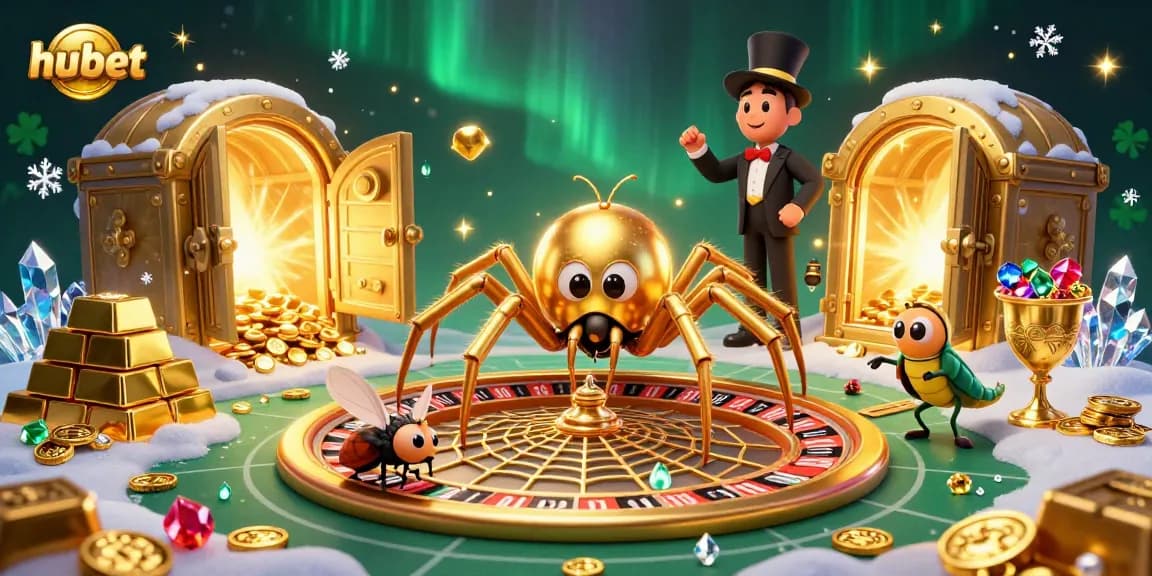 Experience the thrill of betting at hubet with vibrant 3D assets and casino-themed characters amidst golden treasures.