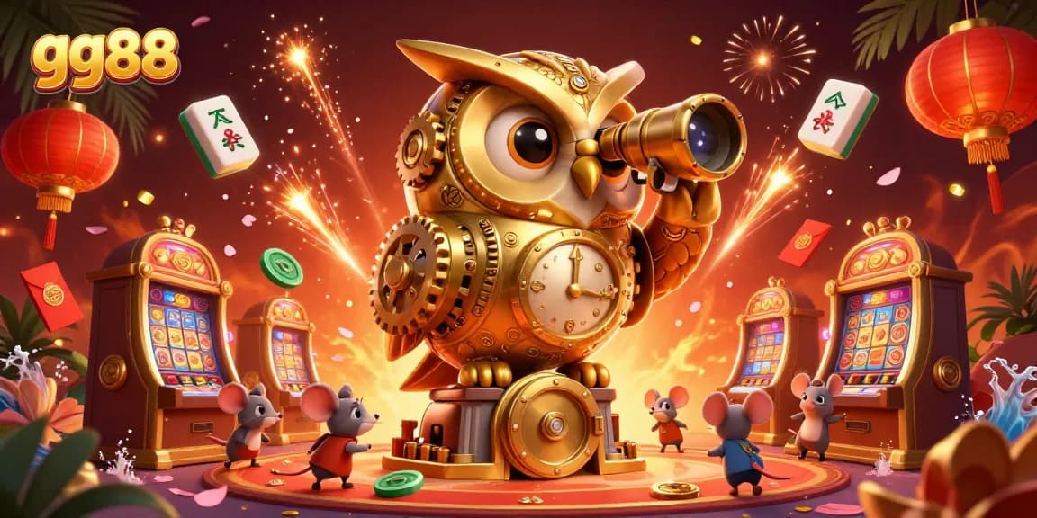 Engage with gg88's lively casino scene featuring a golden owl and vibrant slot machines, capturing the excitement of gambling.