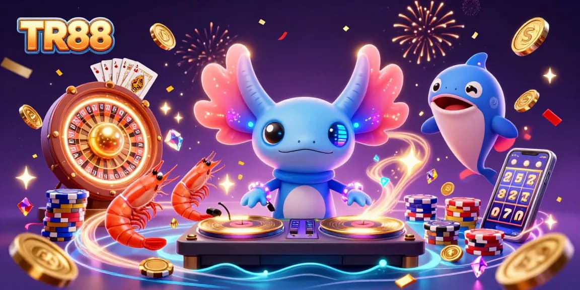 Engage with TR88 in a vibrant casino scene filled with gold coins, poker chips, and lively ocean-themed characters.
