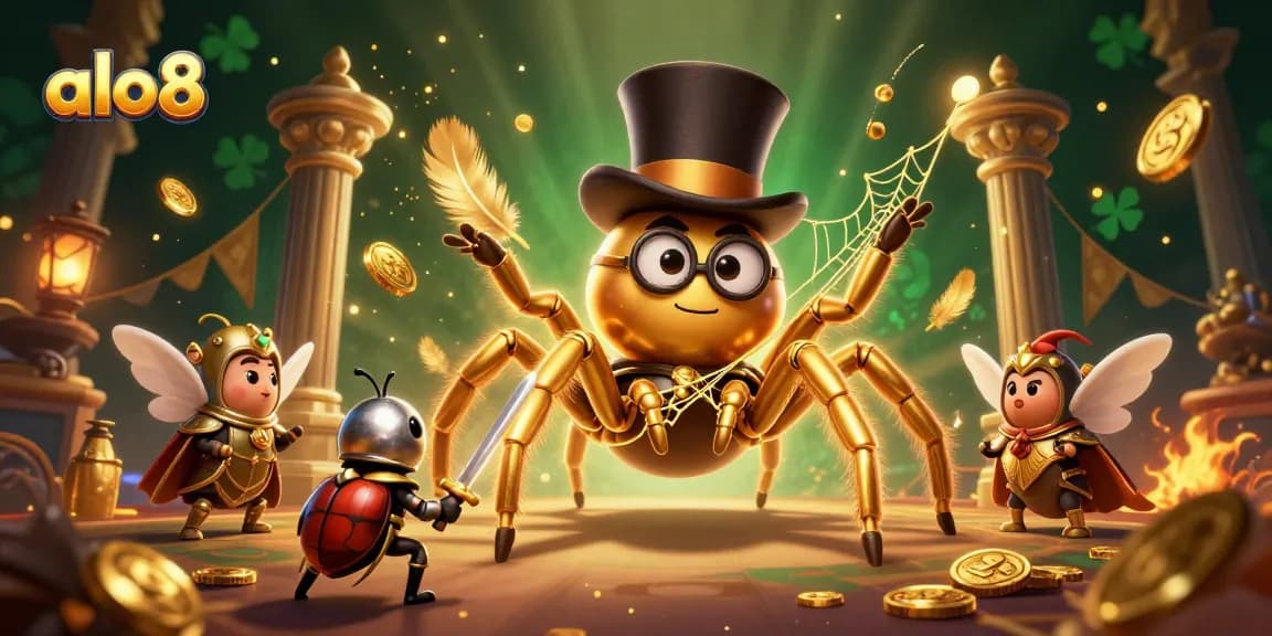 Experience thrilling gameplay at alo8 with a giant tarantula weaving golden threads in a vibrant casino setting.